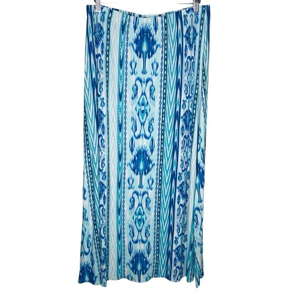 Chico’s Maxi Skirt Size 12/14 Abstract Boho Festival Stretch Blue Hippie Slits - Picture 3 of 8